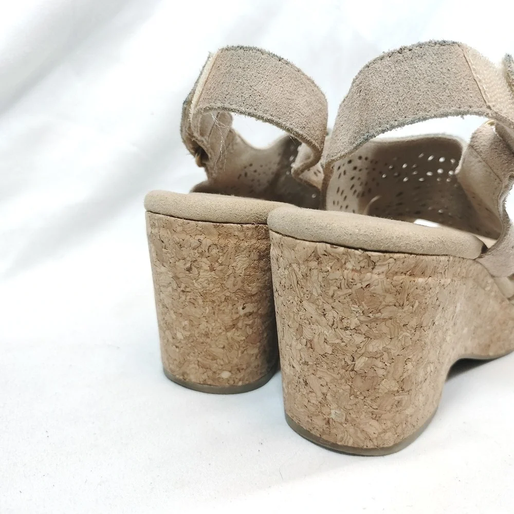Clarks Giselle Bay Beige Wedge Sandals; Suede Laser Cut Cork Platform
